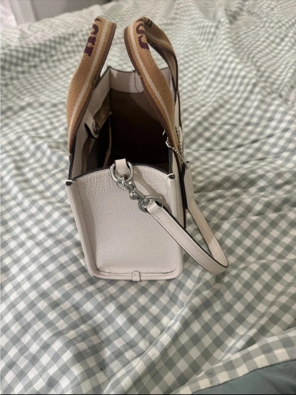 Coach Silver/Chalk Tote with Tan Stripe Handles